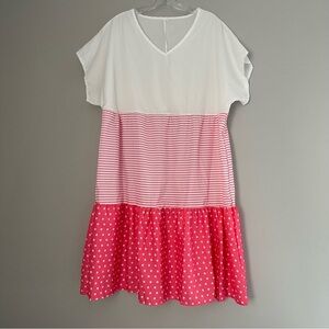 Pink Polka Dot Striped Sheer Short Sleeve Dress